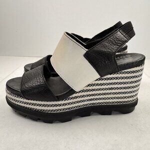 Sorel Womens 7.5 Wedge Sandals Black Beige Strappy Joanie II Slingback Chevron